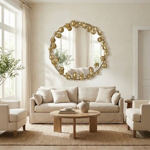 Wooakway 15" Ornate Circle Mirror with Metal Golden Leaf Frame Modern Wall Accent Mirror for Bedroom Bathroom Living Room Entryway - 1 of 4