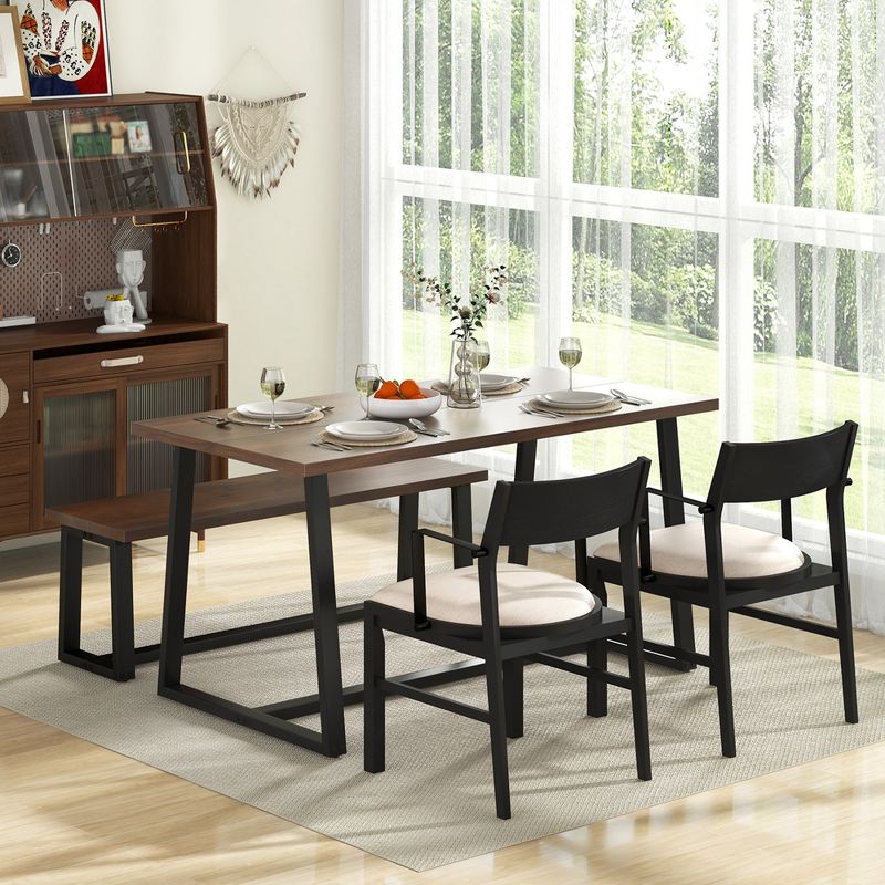 Costway 4 Pieces Dining Table Set Kitchen Table with 2 Armchairs & 1 Bench for 4 Coffee/Black, 2 of 9