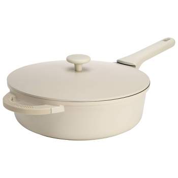 Goodful 3qt Cast Aluminum, Ceramic Deep Cooker with Lid, Side Handle and Long Handle Cream