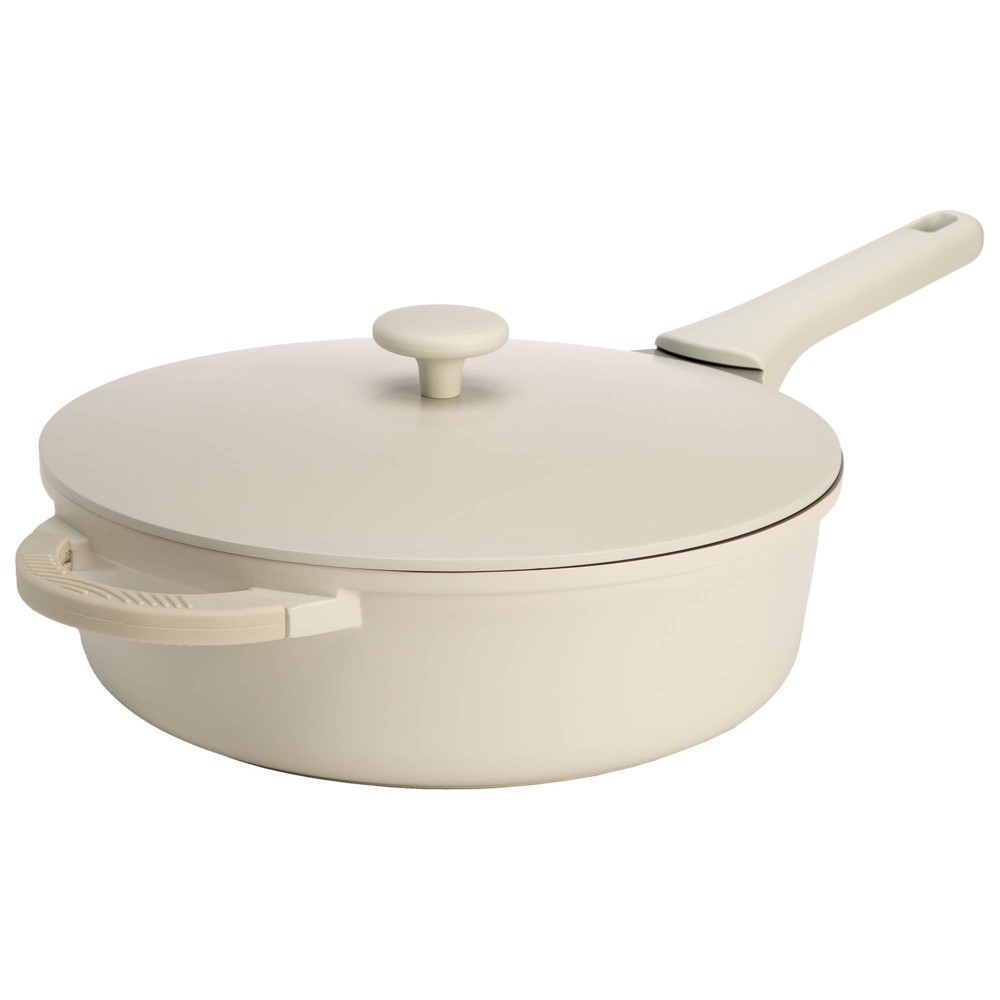 Goodful 4.8qt Cast Aluminum, Ceramic Deep Cooker with Lid, Side Handle and Long Handle Cream