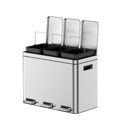Gal Dual Compartment Step Trash Can, Stainless Steel w/ Soft-Close Lid & Removable Buckets, Hands-Free Kitchen/Office Bin