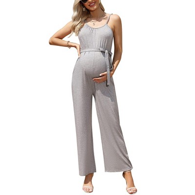 Women's Maternity Jumpsuit Wide Leg Sleeveless Adjustable Strap Pockets Casual Romper with Belt