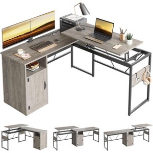 Bestier Versatile 60" L-Shaped Standing Desk, Lift Top Corner Desk Extending to 95" Tall with Storage Cabinet and Hooks for Home Office - 1 of 4