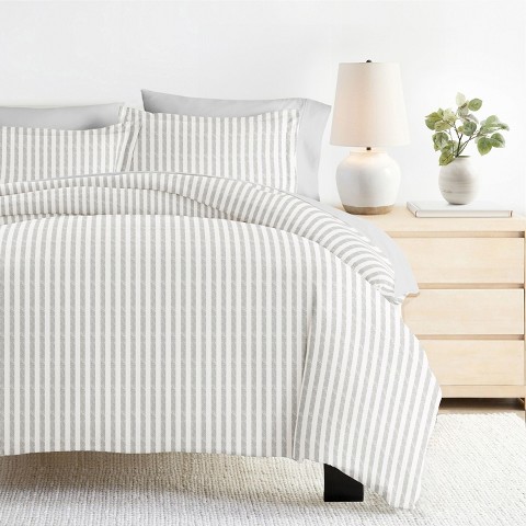 Becky Cameron 8PC Bedding Bundle, Patterned Duvet Cover, White Comforter and Solid Sheet Set - Becky Cameron, Puffed Rugged Stripes Light Gray, Queen