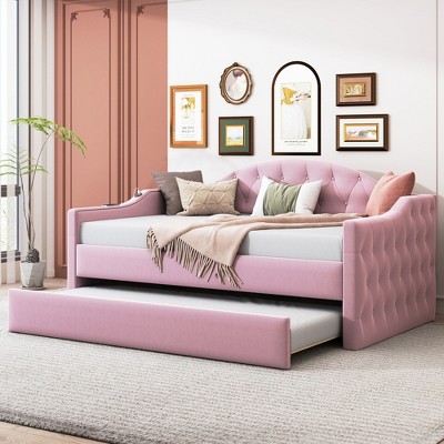 NicBex Twin Size Daybed Upholstered Frame Day Bed with Trundle, Sleeper Sofa with Tufted Button and Copper Nail for Apartment