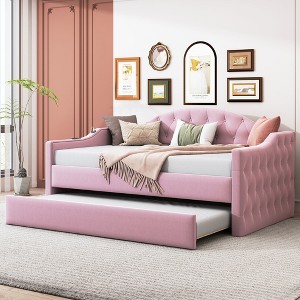 NicBex Twin Size Daybed Upholstered Frame Day Bed with Trundle, Sleeper Sofa with Tufted Button and Copper Nail for Apartment - 1 of 4