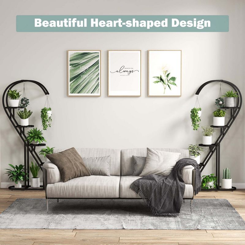 Costway 5 Tier Metal Plant Stand Heart-shaped Shelf with Hanging Hook for Multiple Plants Black/White/Pink & Blue, 4 of 10