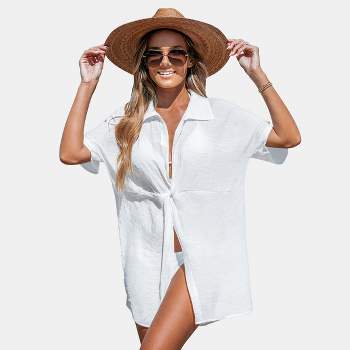 Women's White Plunging Collared Neck Twist Cover-Up Dress - Cupshe