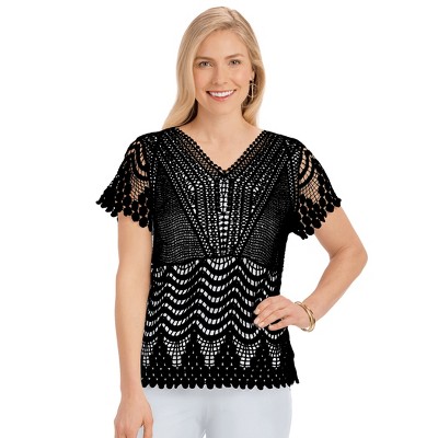 Collections Etc Intricate Crochet V-Neck Short Sleeve Sweater