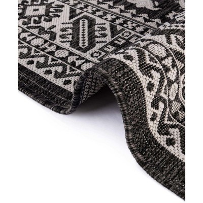 Charcoal Gray and Ivory 8 ft Square Outdoor Aztec Rug
