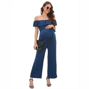 Coolmee Womens Off Shoulder Maternity Jumpsuits Casual Ruffle Sleeves Belted Wide Leg Romper Jumpsuits With Pockets - 1 of 4