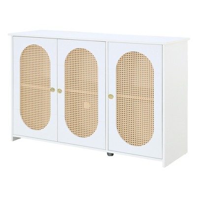 TiramisuBest Retro 3-Door Sideboard with Large Storage Space，Rattan Doors and Metal Handles, Accent Cabinet for Living and Hallway (Antique Black)