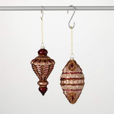 6.5"H & 6"H Sullivans Christmas Encrusted Opulent Ornament Set of 2  Red-Gold