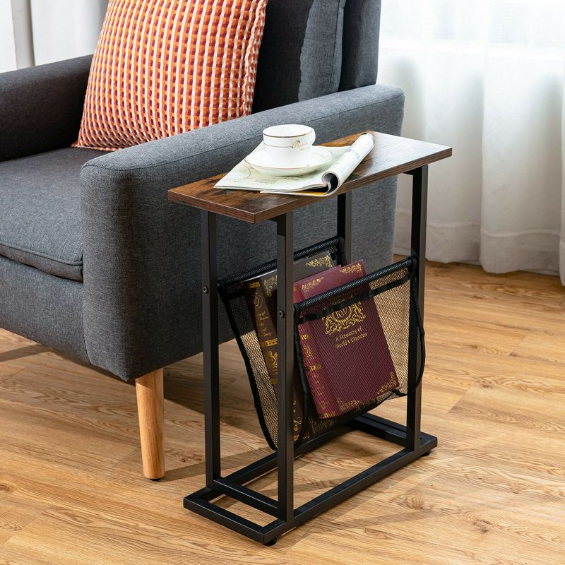 Costway 2PCS Industrial End Side Table Nightstand with Mesh Holder Rustic Brown, 4 of 11