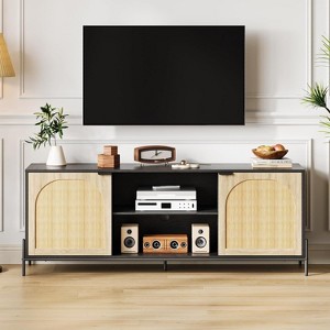 Homhougo TV Stands for Living Room, Tv Console Entertainment Center with Storage, Tv Stand for 75 inch TV with Adjustable Shelf & Rattan Door, Black - 1 of 4