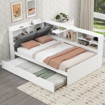 ALEXOUN Twin Size Bed Frame with Upholstered Storage Headboard,Wood Daybed with Bookshelf,Rotatable Table Board for Girls Teens