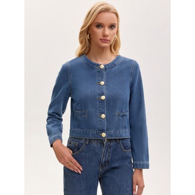 INSPIRE CHIC Women's Crew Neck Denim Long Sleeve 2026 Button Down Cropped Jean Jackets X-Large Blue — фото 2