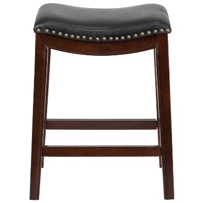 Elegant Backless Black Leather and Cappuccino Wood Counter Stool