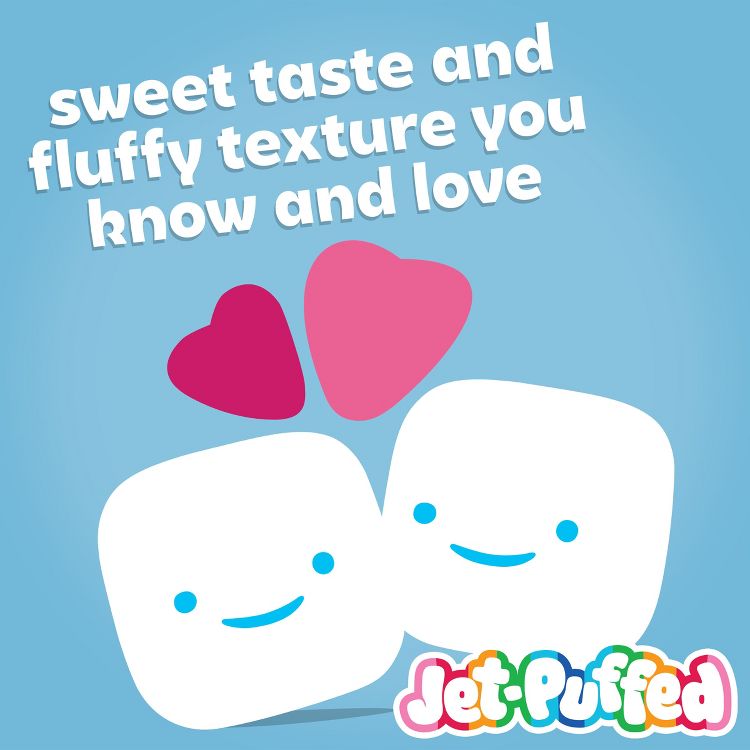 Two smiling white marshmallows with pink and red heart shapes above them, accompanied by the text "sweet taste and fluffy texture you know and love" and the "Jet-Puffed" logo.