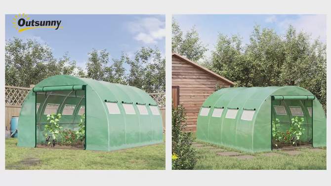 Outsunny Walk-in Tunnel Greenhouse with 2 Zippered Mesh Doors Upgraded Hot House, Green, 13' x 10' x 6.5', 2 of 8, play video