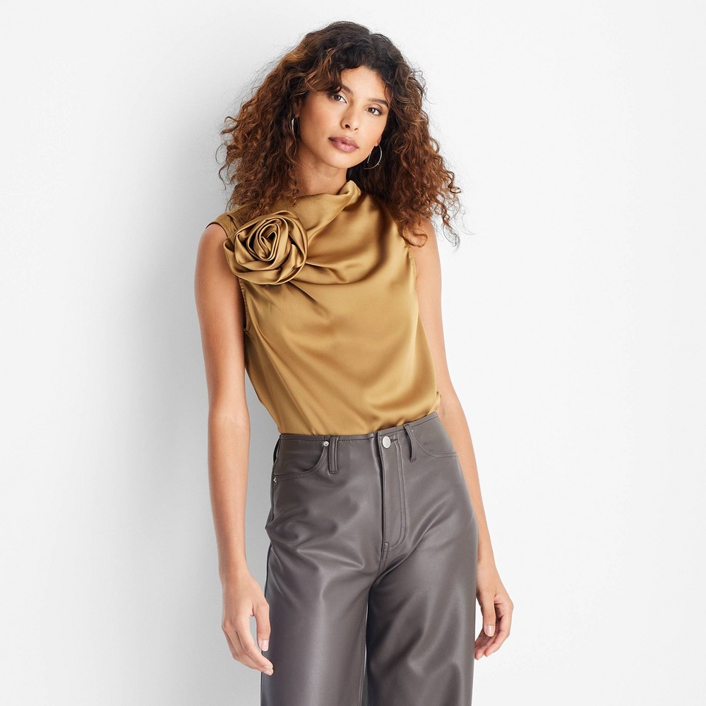 Women's Sleeveless Draped Rosette Top - Future Collective Tan L