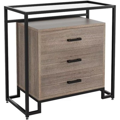 3-Drawer Chest of Drawers with Tempered Glass Top Shelves, Wooden Chest of Drawers with Black Steel Frame, Brown