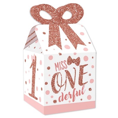 Big Dot of Happiness 1st Birthday Little Miss Onederful - Square Favor Gift Boxes - Girl First Birthday Party Bow Boxes - Set of 12