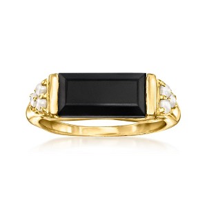 Ross-Simons Onyx and 2-2.5mm Cultured Pearl Ring in 18kt Gold Over Sterling - 1 of 4