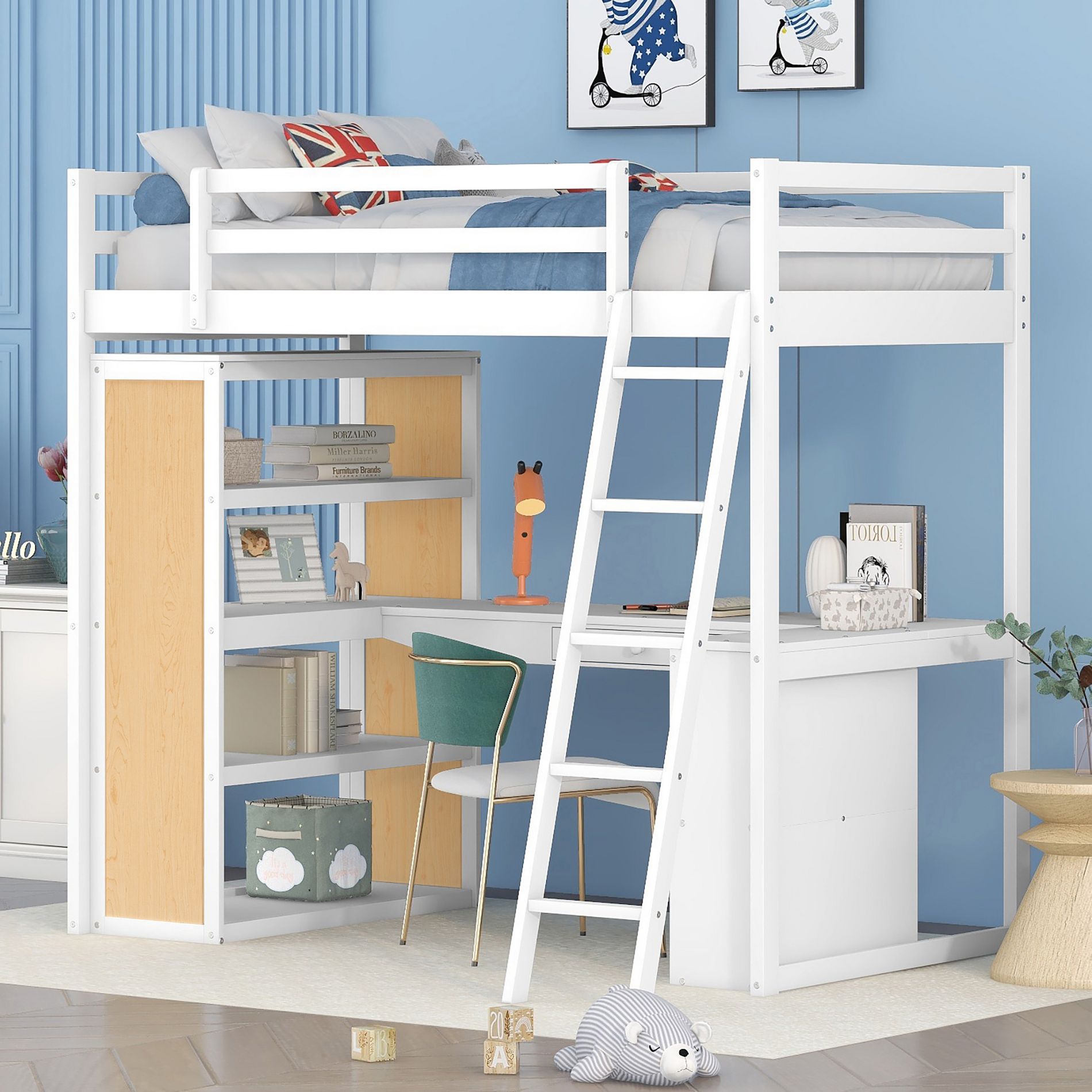 Twin Size Wooden Loft Bed with Ladder, Shelves, a Drawer and Desk, White, 4L -ModernLuxe