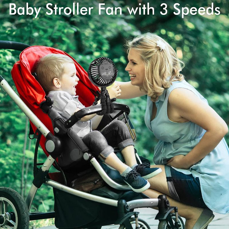 Panergy Battery Operated Stroller Fan Flexible Tripod Clip On Fan with 3 Speeds and Rotatable Handheld Personal Fan - Black, 2 of 8