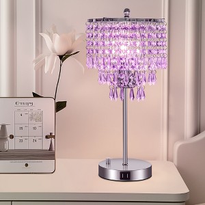 DORESshop 17 in. Chrome LED Integrated Table Lamp with Purple Crystal with 3-Way Dimmer Rotary Switch and Dual USB Charging Ports - 1 of 4