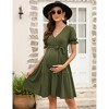 Women's Maternity V Neck Short Puff Sleeves Dresses Pregnancy Casual Tie High Waist A Line Solid Color Midi Dress - 4 of 4