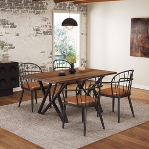 5 Piece Dining Table Set Dining Set with 4 Dining Chairs and Round/Square Table, Black+Natural/Walnut-Merax - 1 of 4