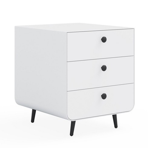 Modern Steel Bedside Table Cabinet with Circular Handles and 3 Drawers White