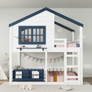 KWPZQEB Bunk Bed, Loft Bed with Bookshelf & House Design, Bunk Bed with Safety Fencing & Ladders, No Box Spring Needed, Easy Assembly - 1 of 4