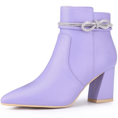 BLISSFUL STEP Rhinestone Bow Pointed Toe Chunky Heel Ankle Boots for Women