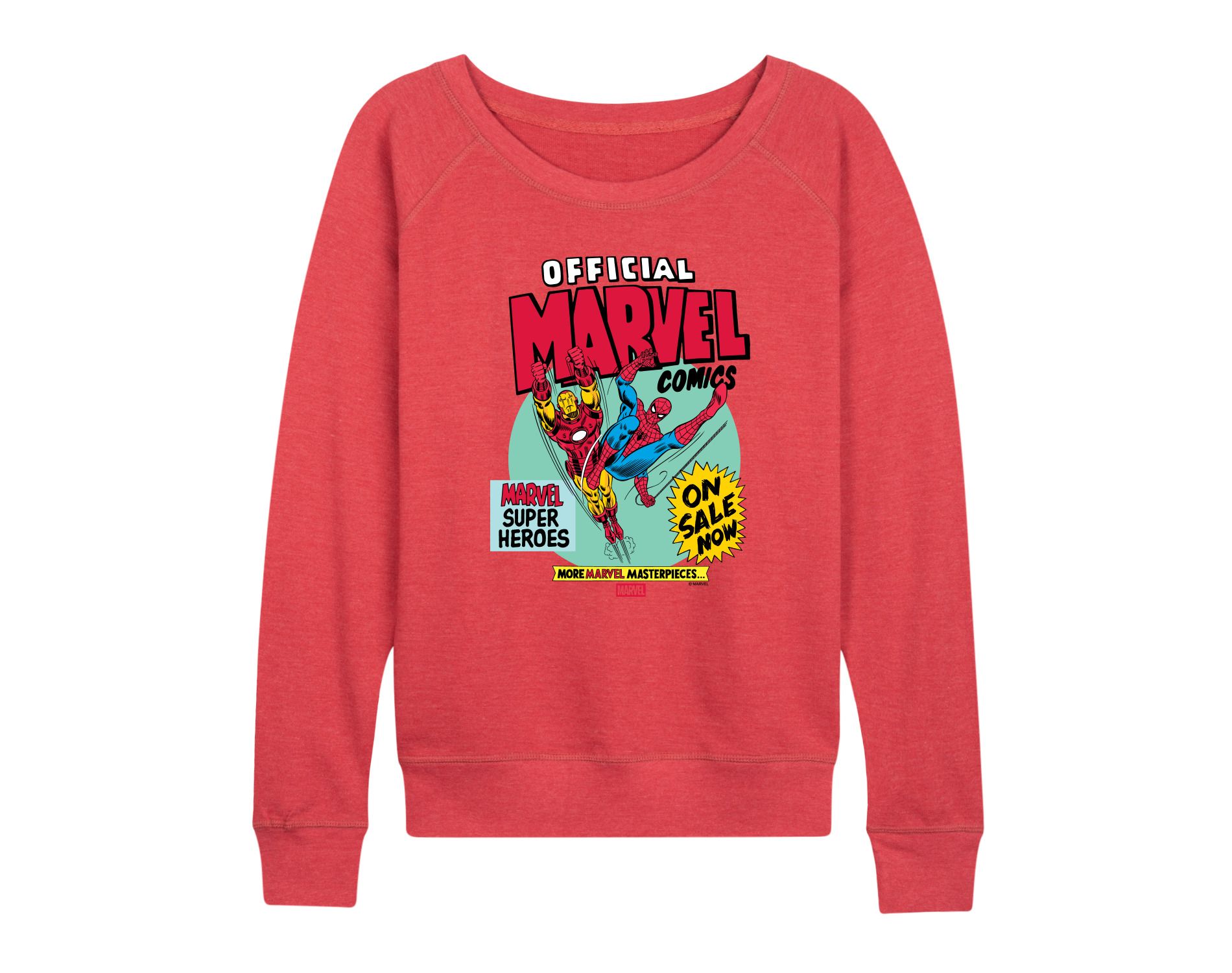 Women's Marvel Heroes Spider-Man Iron Man Lightweight French Terry Wide Neck Long Sleeve Graphic Shirt - Heather Red - Medium