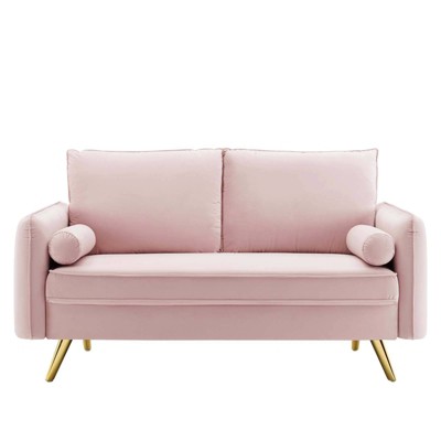 Pink Velvet Loveseat with Gold Legs and Bolster Pillows