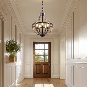 DORESshop 5-Light Farmhouse Gray Wood and Matte Black KD Chandelier with Boat Anchor Geometric Design for Kitchen Bedroom No Bulbs Included - 1 of 4