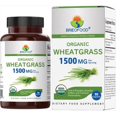 Brieofood Organic Wheatgrass 1500mg, 45 Servings, Vegetarian, Gluten Free, 90 Vegetarian Tablets