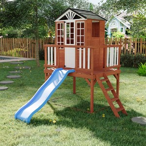 Outdoor Wooden Playhouse with Climbing Wall, 2 Story Wooden Playhouse with Step Ladder, Elevated Modern Cedar Playhouses Kids - 1 of 4