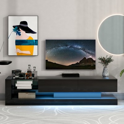 Garvee TV Stand for 75'' TV, Modern High Gloss Entertainment Center with 2 Media Storage Cabinets & 16-Color RGB LED Lights for Living Room Bedroom
