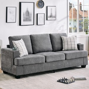 88" Modern Sofa Couch With Soft Armrest, 3 Seater Upholstered Sofa with Cup Holders & Side Pockets, Deep Seat Couch for Living Room Bedroom - 1 of 4