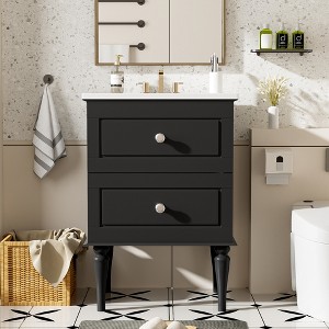 FAMYYT 24 in. Single Sink Freestanding Black Bath Vanity with White Ceramic Top, Solid Wood Frame, 2 Drawers - 1 of 4