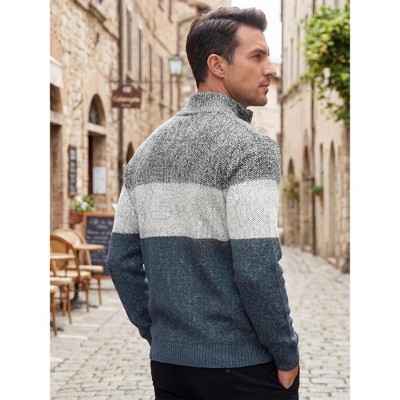 INSPIRE CHIC Men's Stand Collar Cable Knit Contrast Stripe Sweater Jackets Small Gray Navy — фото 3