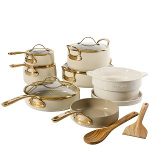 Bloomhouse 15 Piece Pots and Pans Heavy Duty Aluminum Premium PFA Free Ceramic Nonstick Dutch Oven Pot with Lid - Linen White with Gold Handle - 1 of 4