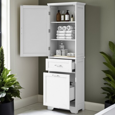 68" Tall Bathroom Storage Cabinet Wooden Floor Cabinet with 2 Different Size Drawers Freestanding Cupboard,Adjustable Shelf - Leovsnove