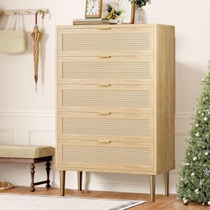 Acekool Tall Rattan 5-Drawer Dresser – Space-Saving Vertical Storage with Metal Accents - 1 of 4