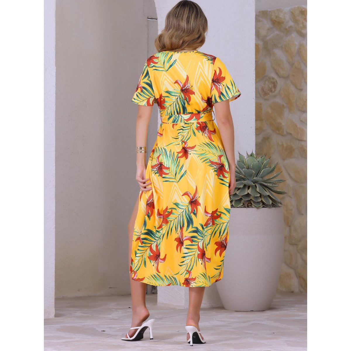 Женские платья INSPIRE CHIC Women's Floral V Neck Split Hem Short Sleeve Maxi Tropical Dress Yellow Large — фото 4