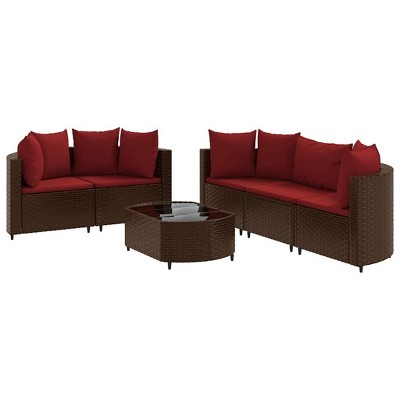 vidaXL Patio Sofa Set with Cushions Lounge Setting Outdoor 9 Piece Poly Rattan - Brown and Red